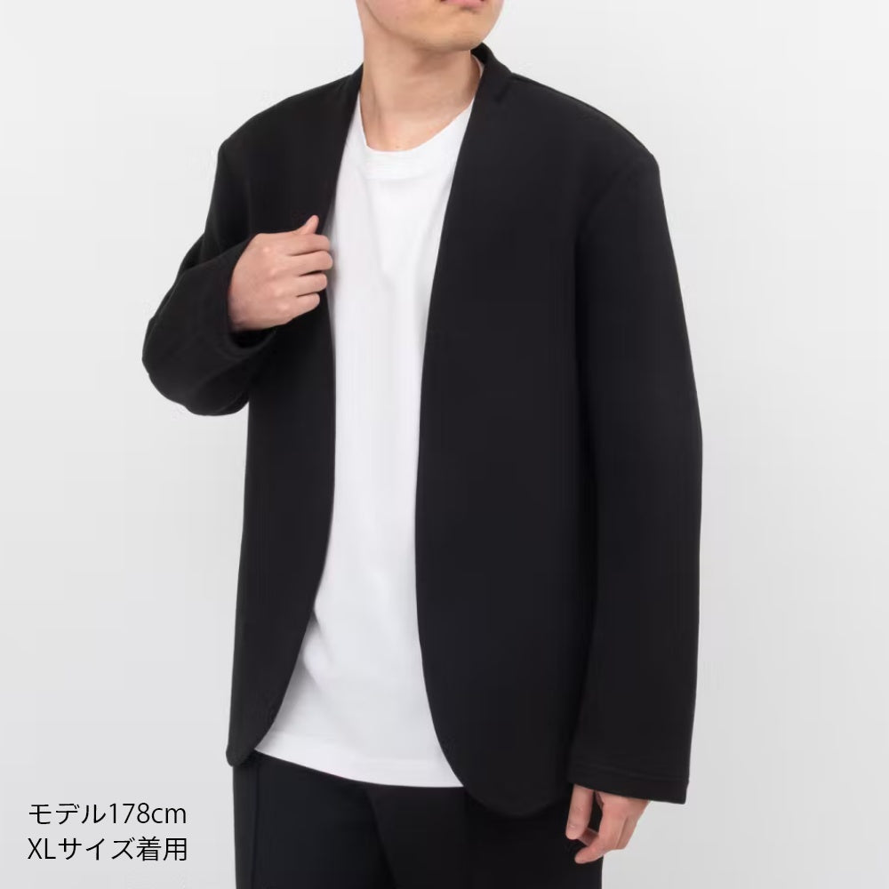 デスクワーク ノーカラージャケット スウェット スエット ウェルネス ウェア オフィス 秋 秋服 冬 冬服 メンズ アウター 上着 疲労軽減 ブラック リカバリー 快適 回復 着心地 ワンマイルウェア コンディショニング 外出時 着心地 長袖 おしゃれ リモートワーク カジュアル